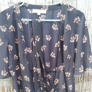 Loft Petites- Black Floral Wrap Blouse with Peplum Waist - SP